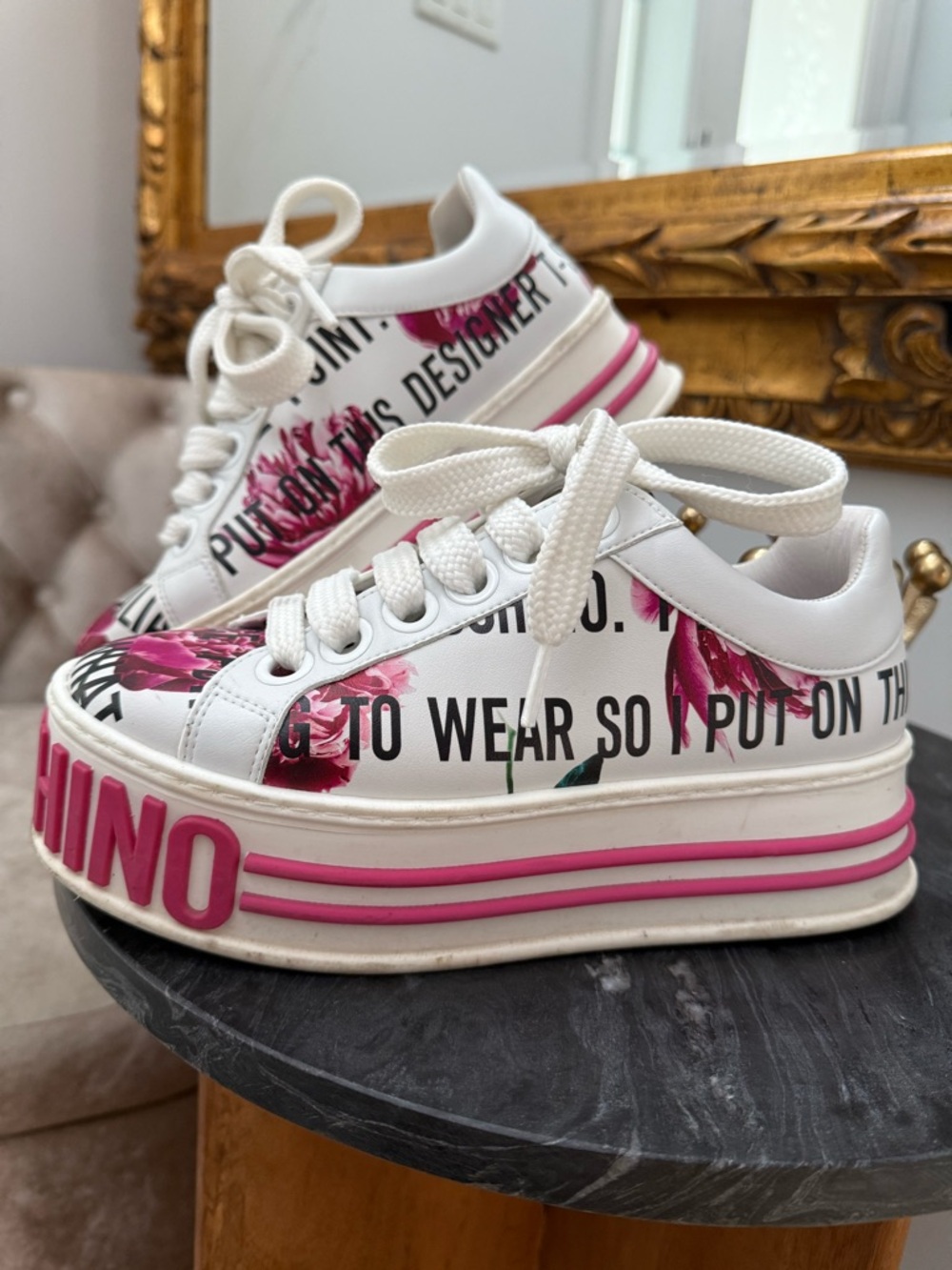 MOSCHINO White & Pink Platform Sneakers - Floral Print size 37